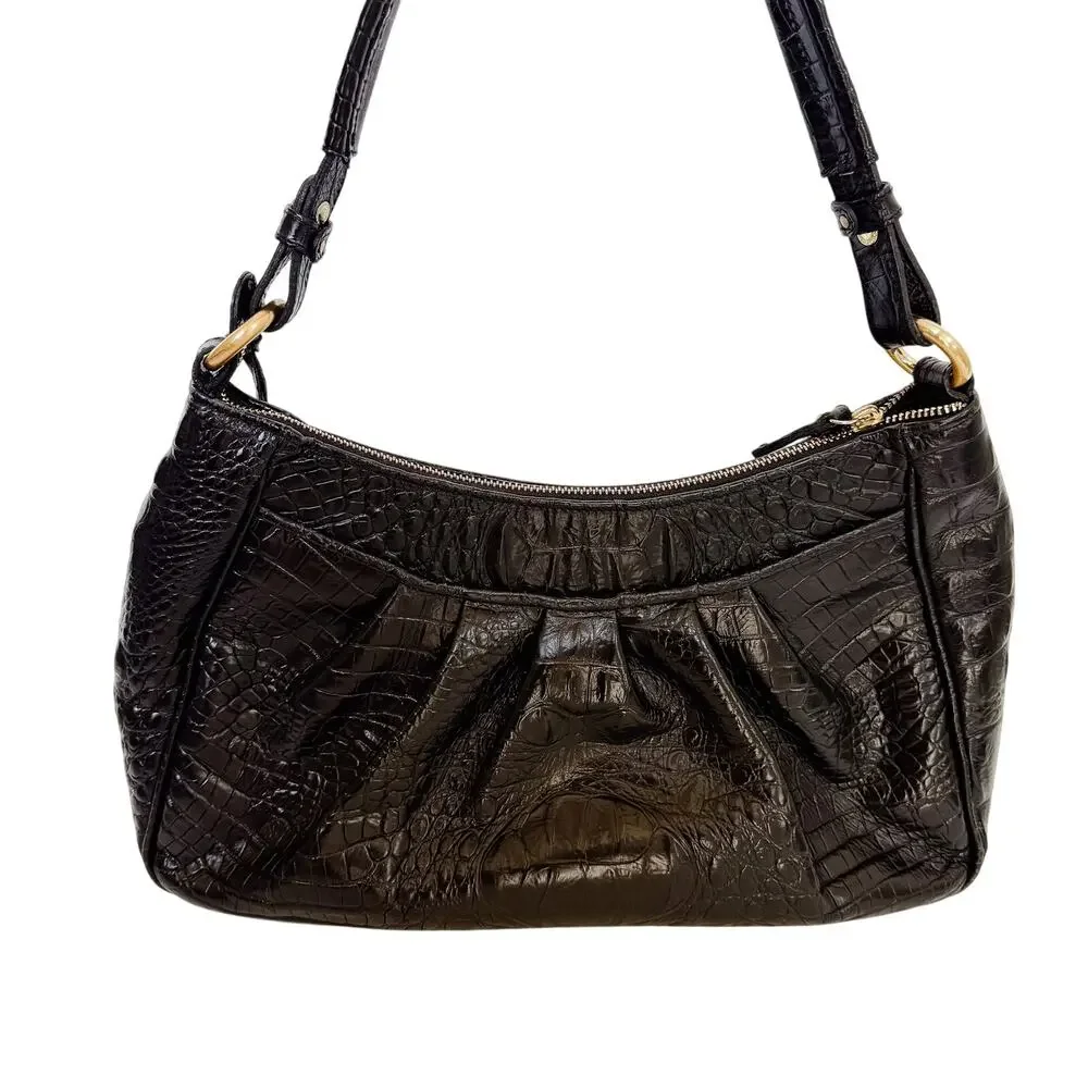 Brahmin Melbourne Black Leather Crocodile Embossed Shoulder Bag Purse Dust Bag